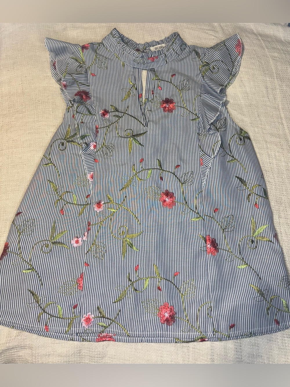 BCBG Generation Woman’s Blue Stripe Floral Ruffle Sleeve Top - Size M
